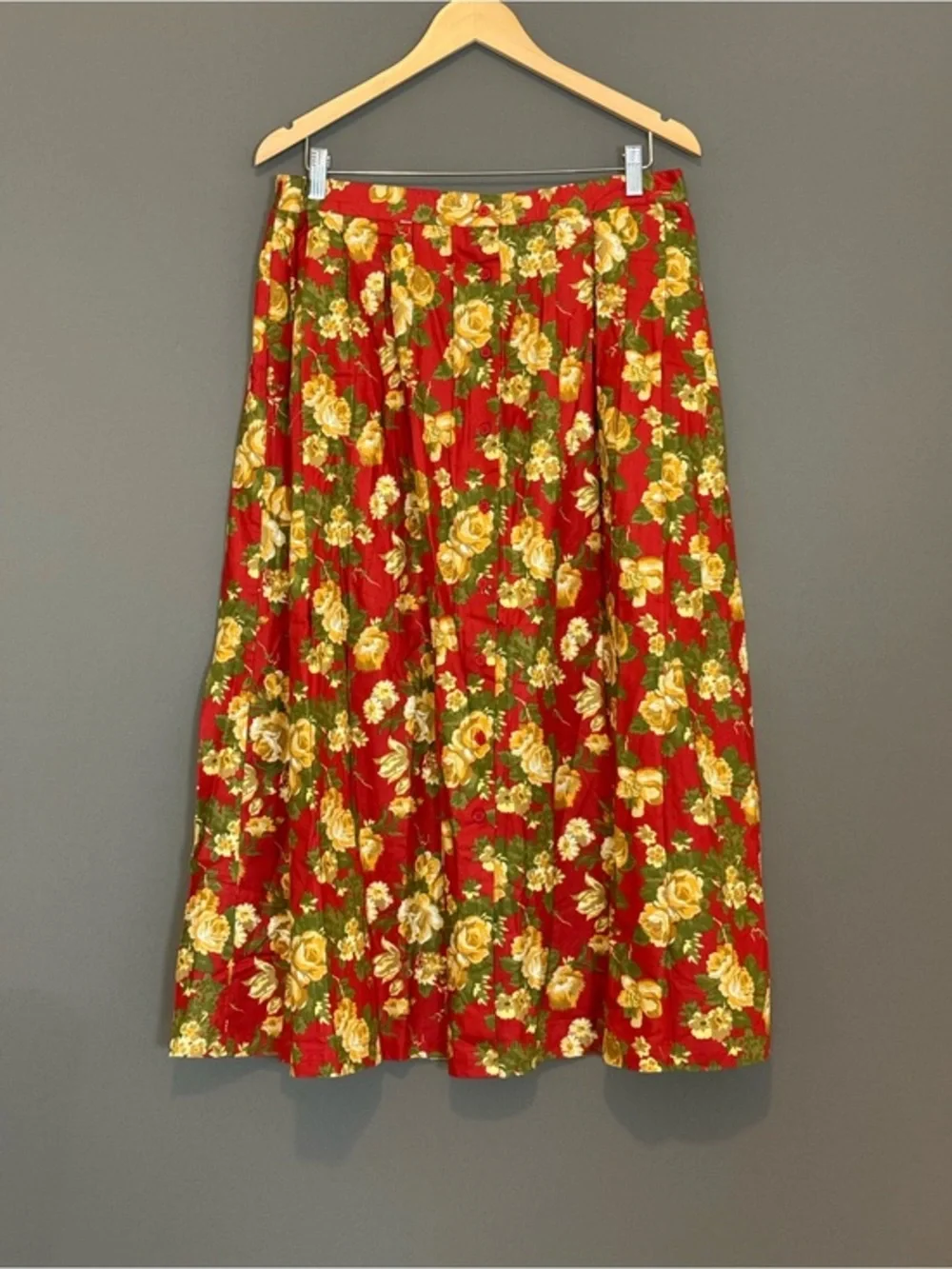 vtg 90s WITT Floral Midi Skirt Red Rose Print Cottagecore Prarie Boho Womens 16